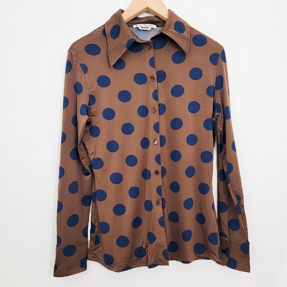 Acne Studios Polka Dot Button Front Blouse Brown Navy Small